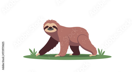 A slow moving sloth walks on the green grass in a forest setting.