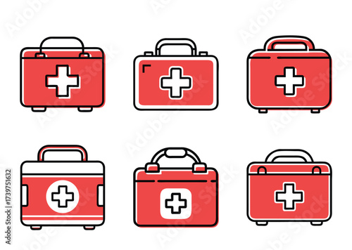 Collection of red first aid kit vector icons with a white background
