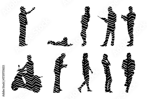 Vector illustration, Outline silhouettes of people, Contour drawing, people silhouette, Icon Set Isolated , Silhouette of sitting people, Architectural set