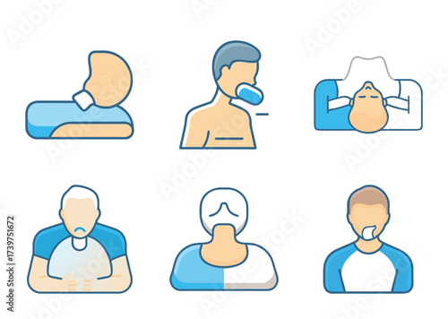 Illustration showing various medical conditions and breathing assistance devices in use