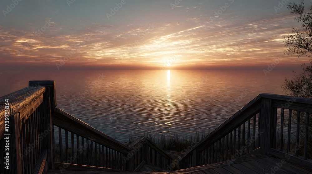 Obraz premium Scenic wooden stairs leading to calm sea at sunset, golden sunlight reflecting on peaceful ocean surface, tranquil coastal evening landscape