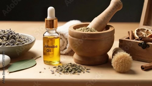 Herbal oil bottle beside mortar and pestle with dried herbs  