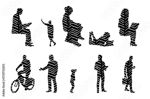 Vector illustration, Outline silhouettes of people, Contour drawing, people silhouette, Icon Set Isolated , Silhouette of sitting people, Architectural set
