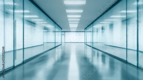 Wallpaper Mural A long, futuristic hallway with reflective glass walls and a polished floor, bathed in cool light Torontodigital.ca