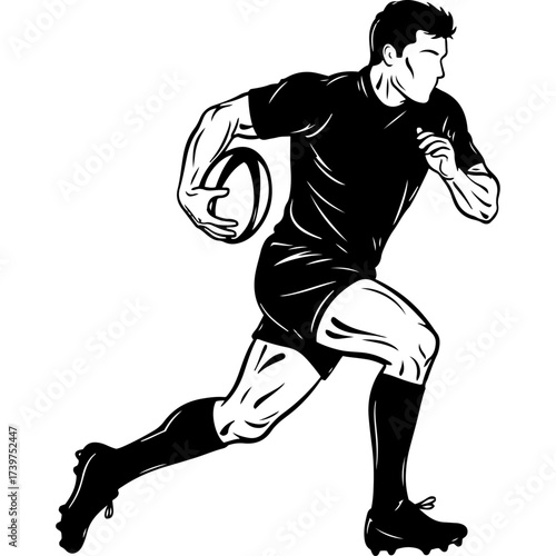 Dynamic black and white vector illustration of a powerful rugby player running fast with the ball clutched under his arm, showcasing speed, strength, and competitive sports action in a modern, stylize