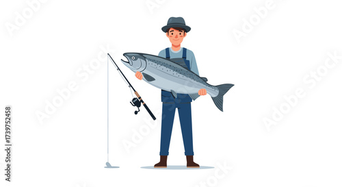 A happy angler proudly displays a large freshly caught salmon fish.