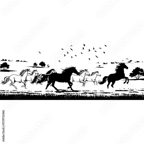 Dynamic black and white vector illustration capturing a herd of wild horses running free and fast across an open field, showcasing their raw power, movement, and the untamed spirit of the natural wild