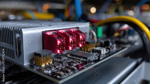 Close up of electronic circuit board with red connectors and gold pins showing detailed components and wires technology setting