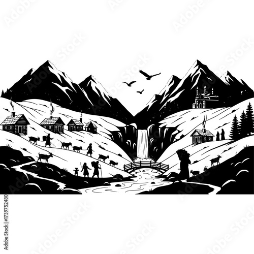 Detailed black and white vector sketch of a tranquil Alpine or mountain village nestled in a valley, featuring traditional wooden houses, a stream with a small bridge, a windmill, and a dramatic water