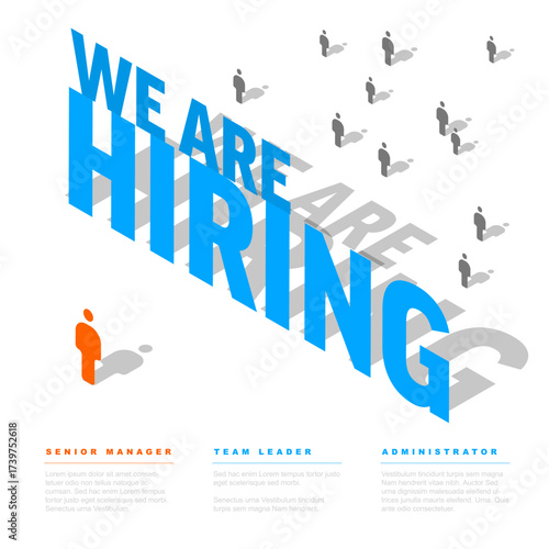 An engaging isometric illustration with prominent "WE ARE HIRING" text, symbolizing job openings and recruitment.Job searching and hiring process, highlighting opportunities for job seekers.