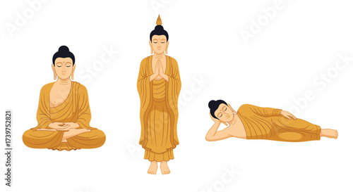 Three depictions of Buddha showing meditation standing and reclining poses.