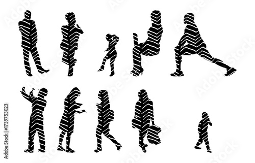 Vector illustration, Outline silhouettes of people, Contour drawing, people silhouette, Icon Set Isolated , Silhouette of sitting people, Architectural set