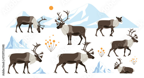 A collection of digitally rendered caribou and reindeer standing and grazing in a snowy arctic landscape with mountains and sun.