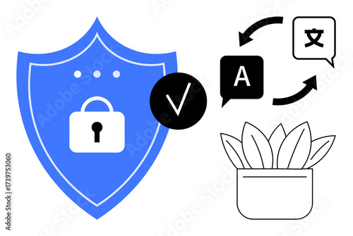 Blue shield with lock icon symbolizes data security, language translation depicted with swapping arrows and alphabets, plant pot signals sustainability. Ideal for technology, privacy, global
