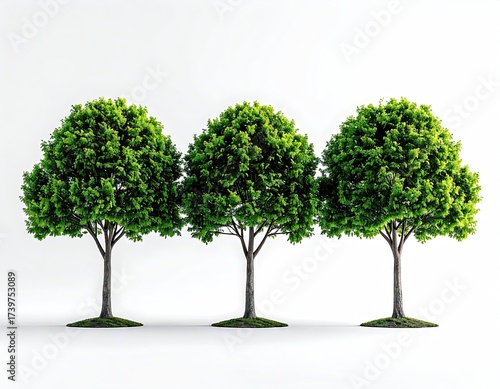 Three Green Trees with Detailed Foliage on a Bright White Background Minimalist Composition Captured in High Resolution