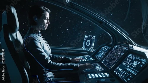 Female astronaut operating spaceship control panel in deep space  