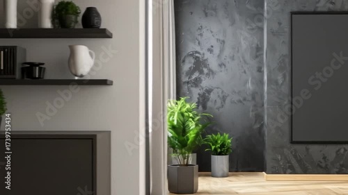 Minimalist room with a blank square frame on a dark textured wall, plants, and a wooden floor