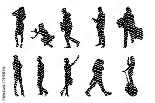 Vector illustration, Outline silhouettes of people, Contour drawing, people silhouette, Icon Set Isolated , Silhouette of sitting people, Architectural set