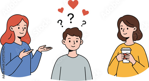 love triangle vector illustration, confused man with two women, dating dilemma cartoon drawing, choice between relationships, romance decision flat character design