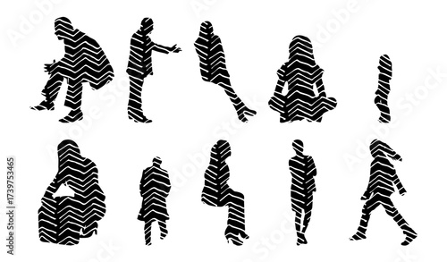 Vector illustration, Outline silhouettes of people, Contour drawing, people silhouette, Icon Set Isolated , Silhouette of sitting people, Architectural set