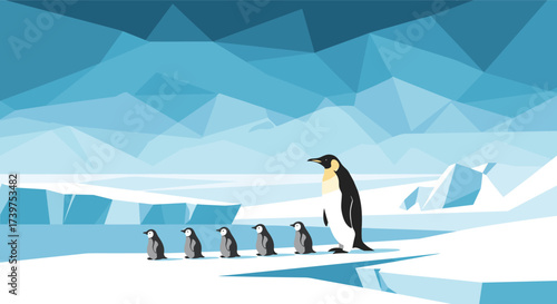 A group of penguins waddling across a frozen landscape.