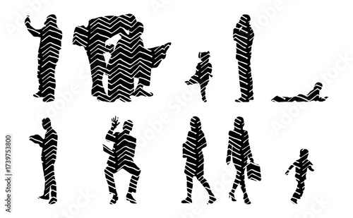 Vector illustration, Outline silhouettes of people, Contour drawing, people silhouette, Icon Set Isolated , Silhouette of sitting people, Architectural set