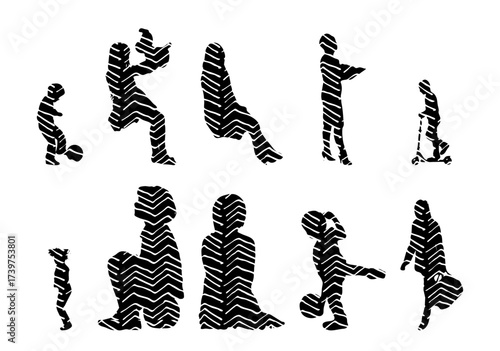 Vector illustration, Outline silhouettes of people, Contour drawing, people silhouette, Icon Set Isolated , Silhouette of sitting people, Architectural set