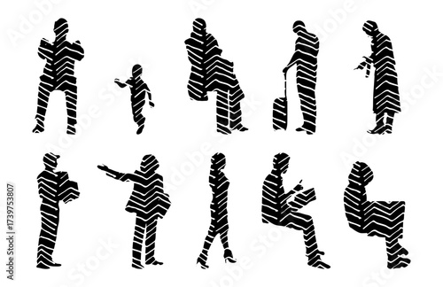 Vector illustration, Outline silhouettes of people, Contour drawing, people silhouette, Icon Set Isolated , Silhouette of sitting people, Architectural set