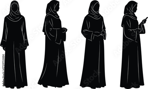 muslim women in abaya illustration, islamic fashion clothing vector, traditional modest dress design, arabic female outfit art, elegant hijab style silhouette