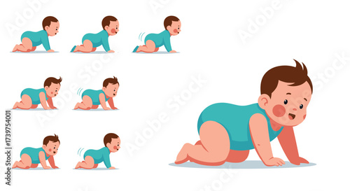 Illustrations of a baby's developmental journey from crawling to taking first steps learning to move.