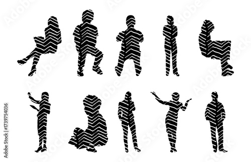 Vector illustration, Outline silhouettes of people, Contour drawing, people silhouette, Icon Set Isolated , Silhouette of sitting people, Architectural set