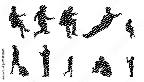 Vector illustration, Outline silhouettes of people, Contour drawing, people silhouette, Icon Set Isolated , Silhouette of sitting people, Architectural set