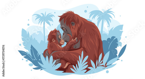 An orangutan mother lovingly holds her baby in a lush tropical jungle setting.
