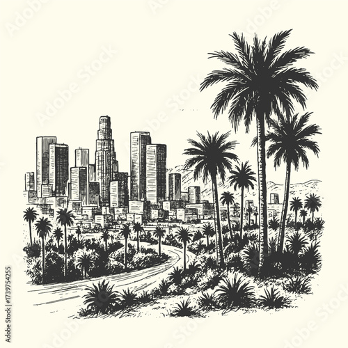 Retro landscape of Los Angeles skyline with palm trees in a vintage engraving style.