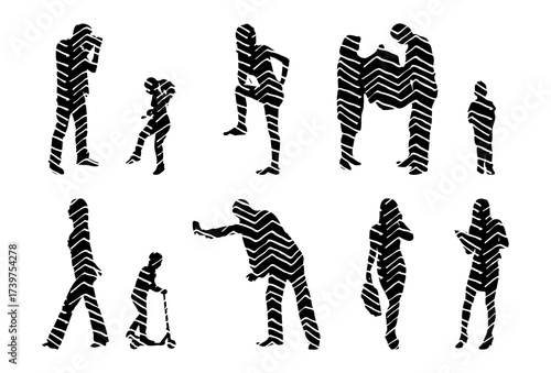 Vector illustration, Outline silhouettes of people, Contour drawing, people silhouette, Icon Set Isolated , Silhouette of sitting people, Architectural set