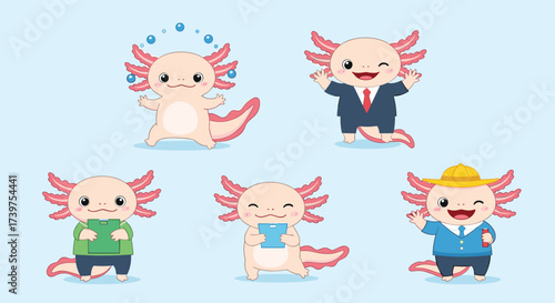 Adorable axolotl characters showcasing various fun activities and cute outfits in a playful illustration.