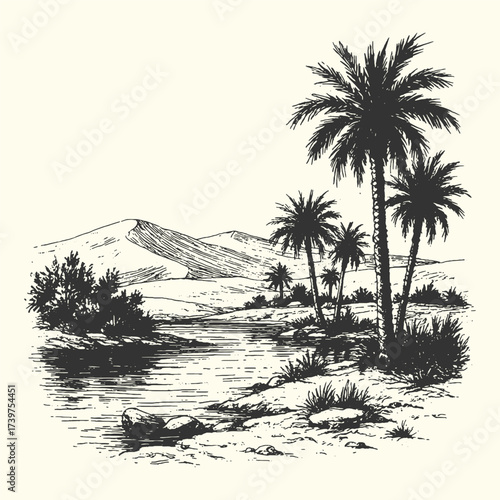 Vintage engraving of an oasis landscape with palm trees, desert terrain, and distant mountains.