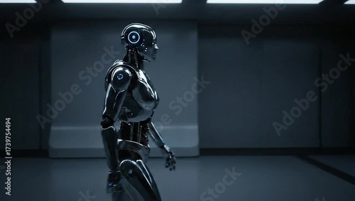 Futuristic humanoid robot walking in a modern, sleek environment  