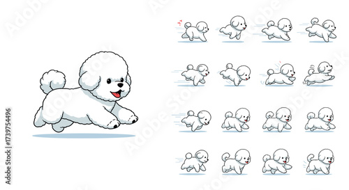 Cute fluffy white dog running animation frames with happy expression.