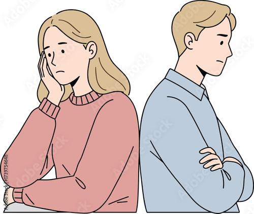 Sad couple conflict illustration, unhappy relationship problem, communication breakdown, stressed man and woman, relationship issue, argument, disagreement, emotional distance, vector art