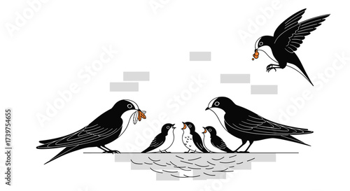 A family of birds is being fed by their parents at their nest.