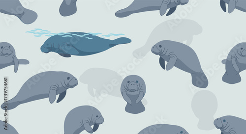 A charming pattern featuring adorable manatees swimming in a tranquil aquatic environment.