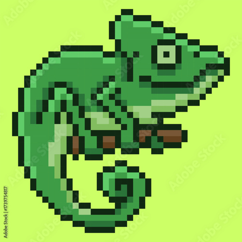 Chameleon icon designed in a classic retro pixel art style. This 8-bit illustration of the unique reptile features its characteristic curly tail and expressive eye