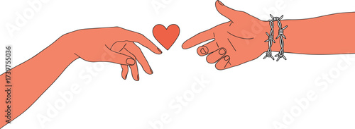 Sad love illustration, couple hands reaching, heart between, barbed wire concept, painful relationship, emotional distance, heartbreak, restriction, struggle, vector art drawing
