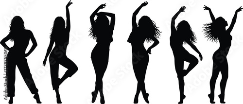 silhouette women dancing poses collection, female dancer body shapes, stylish fashion movement, modern choreography illustration, elegant woman figures, vector art design set