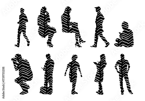 Vector illustration, Outline silhouettes of people, Contour drawing, people silhouette, Icon Set Isolated , Silhouette of sitting people, Architectural set