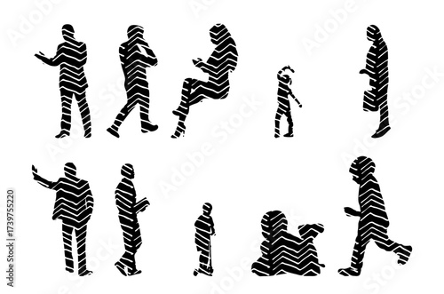 Vector illustration, Outline silhouettes of people, Contour drawing, people silhouette, Icon Set Isolated , Silhouette of sitting people, Architectural set