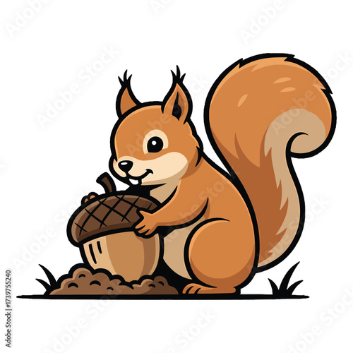 Cartoon illustration of a squirrel holding an acorn on a pile of dirt with a white background.