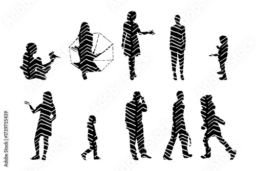 Vector illustration, Outline silhouettes of people, Contour drawing, people silhouette, Icon Set Isolated , Silhouette of sitting people, Architectural set