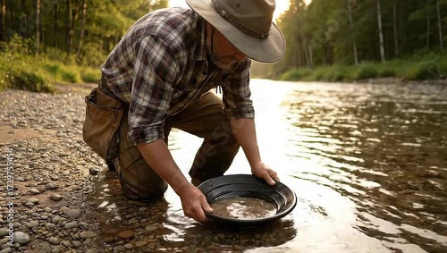 Man panning for gold in river while kneeling on rocky shore  